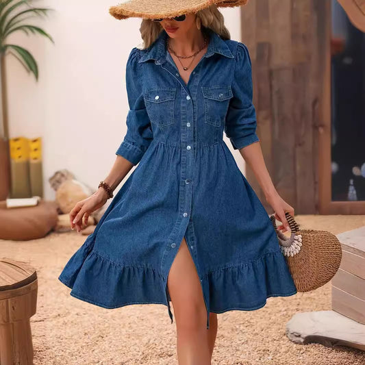 Women Lapel Long Sleeve Stitching Casual Dress