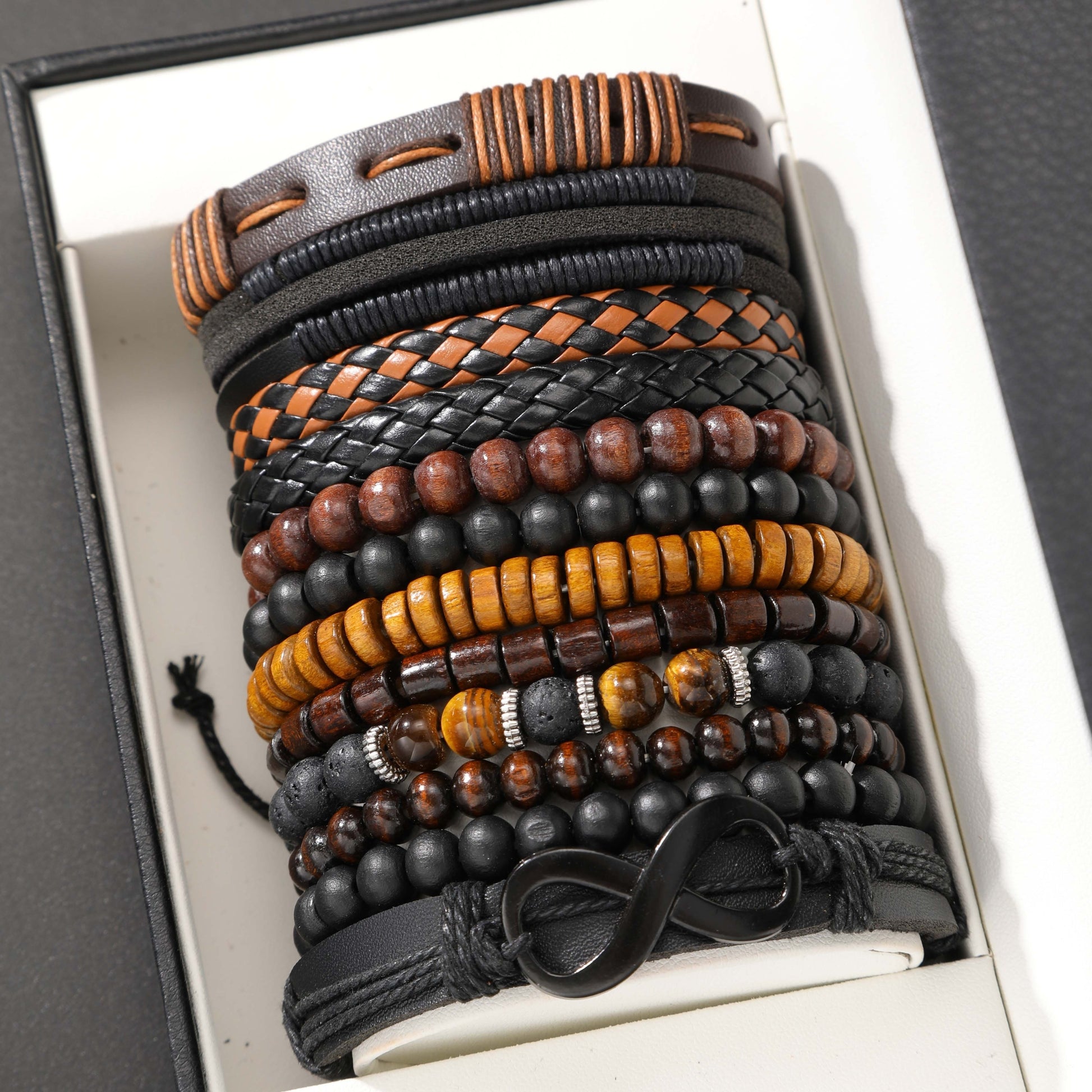 12-piece Vintage Men's Bracelet Set - Woven Leather, Tiger's Eye And Moonstone Beads, Synthetic Rope, Stylish Jewelry For Casual And Party Wear