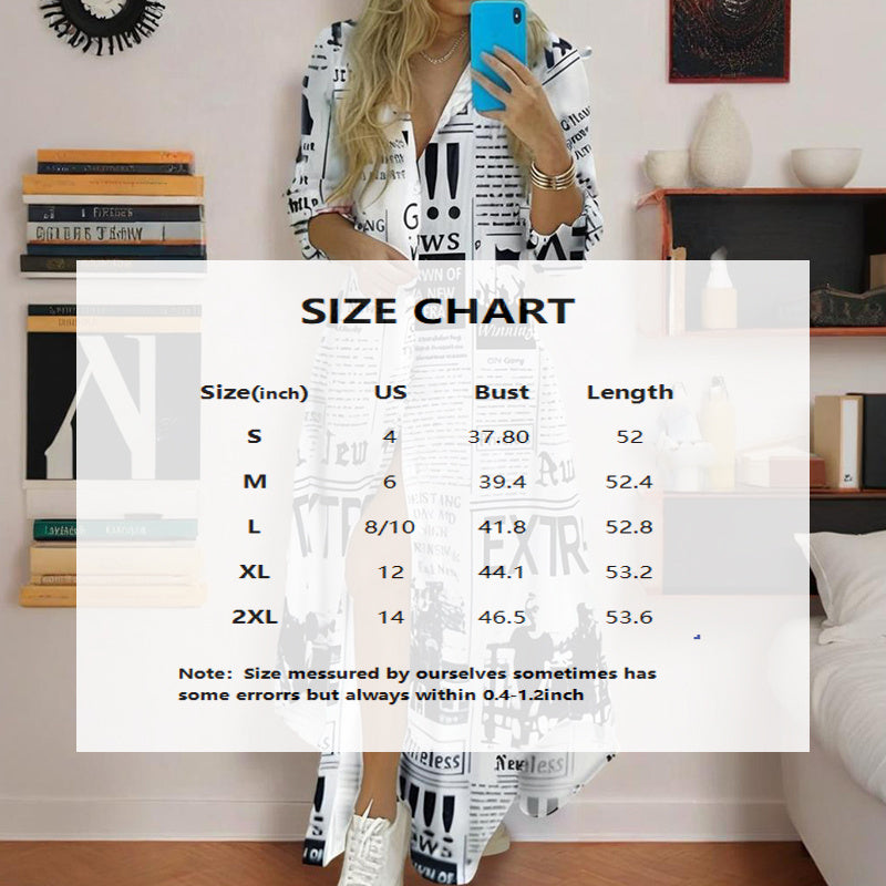Women's Long Sleeve Newspaper Print Shirt Dress Button Down Casual Long Dress