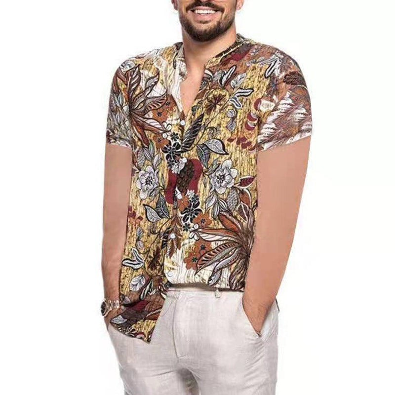 Men's Short-Sleeved Half-High Collar Floral Printed Shirt