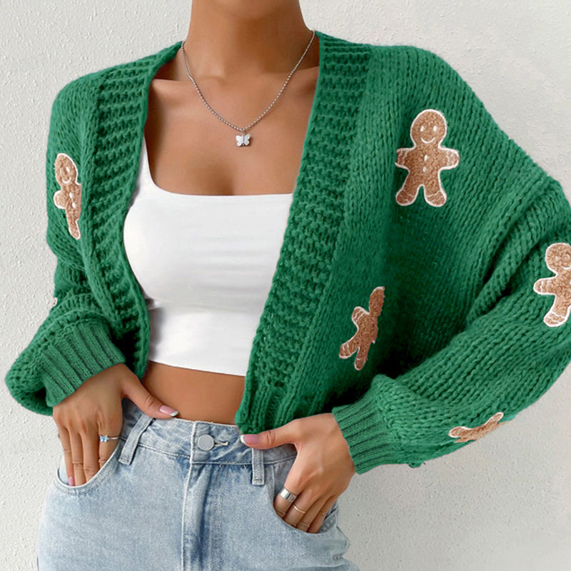 Gingerbread Man Knit Cardigan - Women's Solid V-Neck Ribbed Cuffed Short Sweater, Casual Spring Autumn Polyester Top