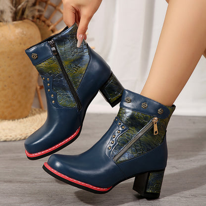 Stylish Winter Boots, Chunky Heel, Retro Stitching, High Heel, Short Martin Boots