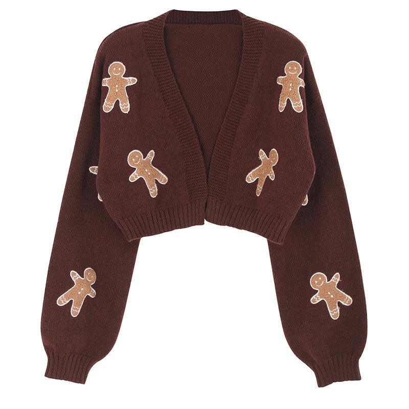 Gingerbread Man Knit Cardigan - Women's Solid V-Neck Ribbed Cuffed Short Sweater, Casual Spring Autumn Polyester Top