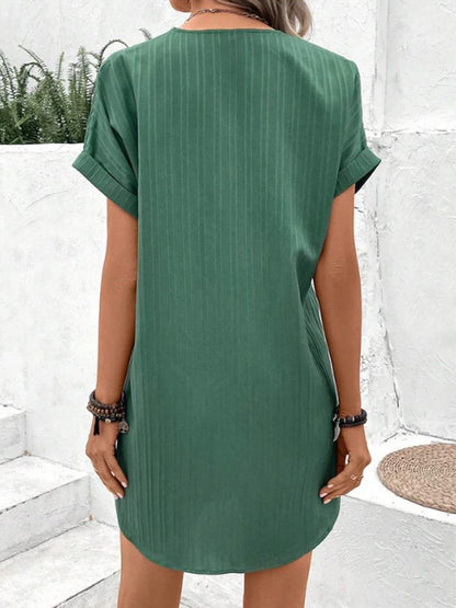 Women's V-neck Dress, Short-Sleeve, Casual, Solid Color, Button-Down