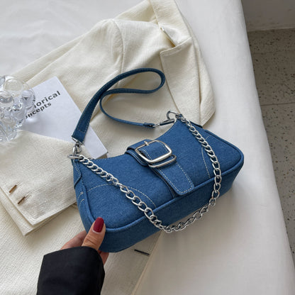 "Chic Denim Crossbody Armpit Bag with Fashionable Chains