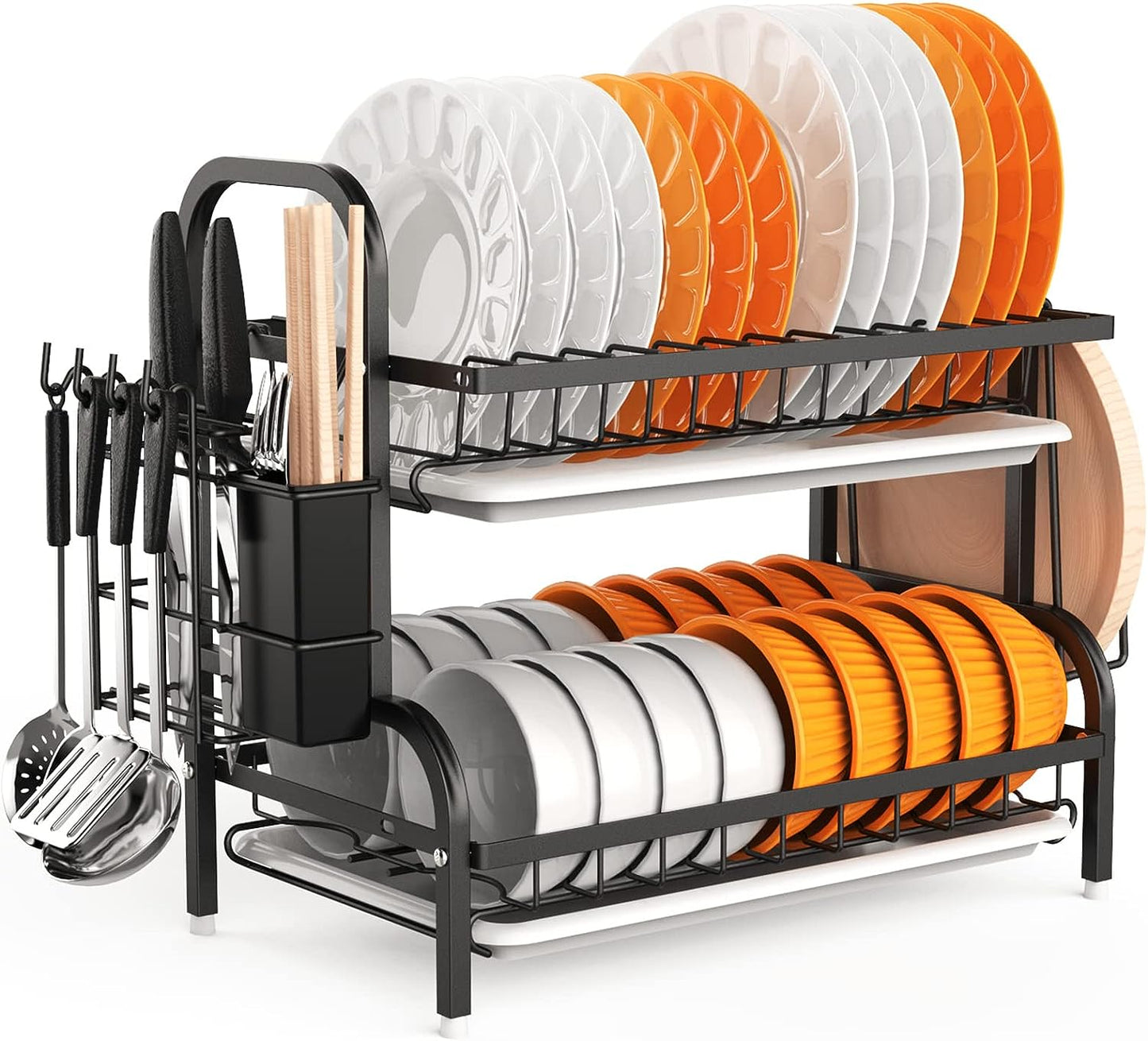 Black Stainless Steel 2-Tier Dish Drying Rack with Drainboard