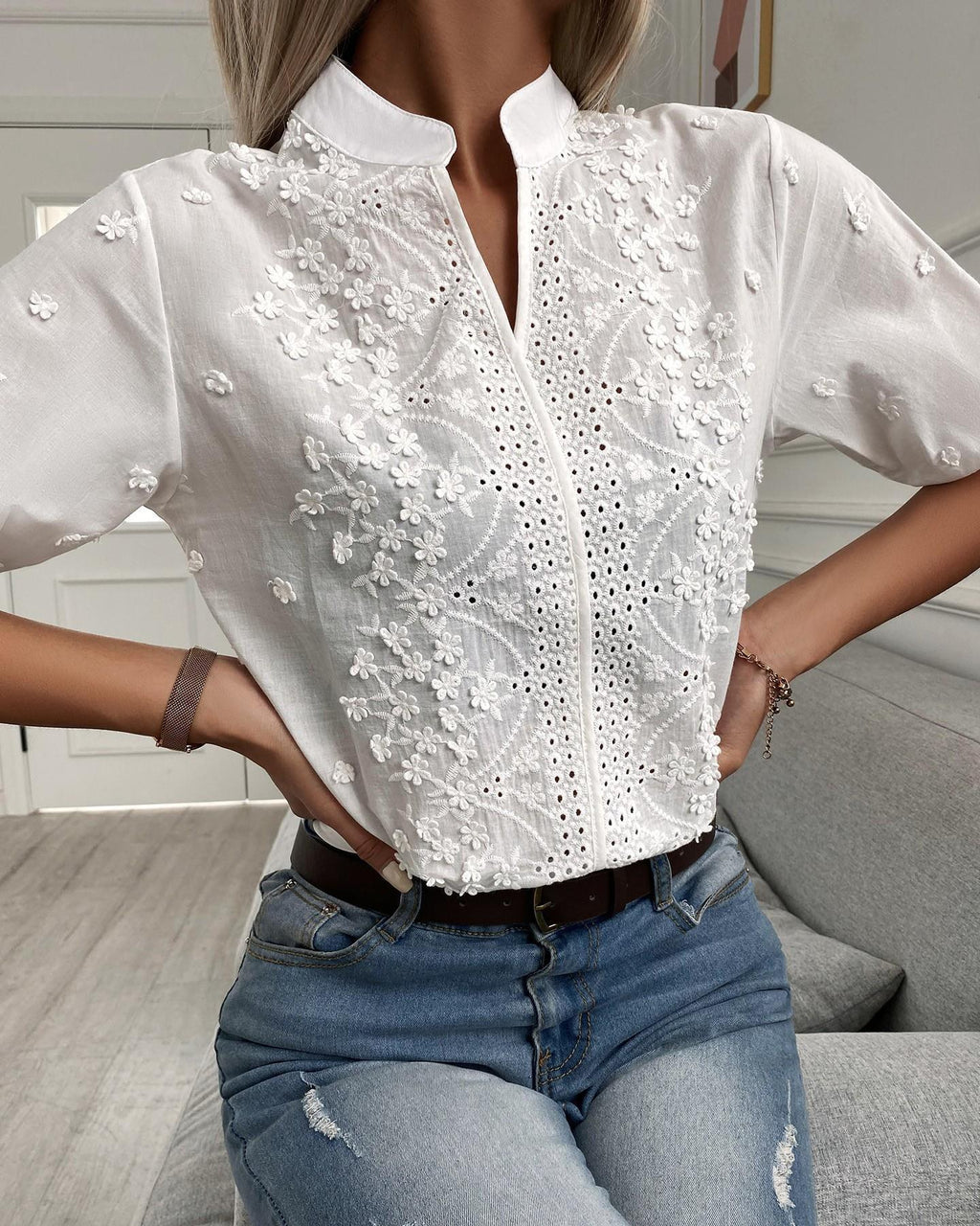 Women's Fashion V-neck Stand Collar Embroidery Lace Blouse Shirt