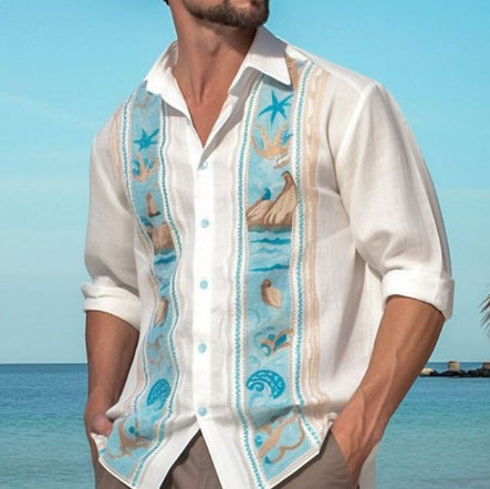 Fashion Print Long Sleeve Shirt Men Casual Loose Button Lapel Tops Seaside Cool Beach Shirt