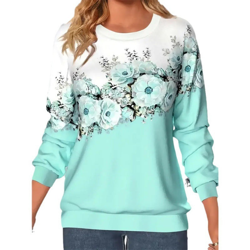 Women's Clothing Round Neck Long Sleeve Flower 3D Printed Pullover Sweatshirt