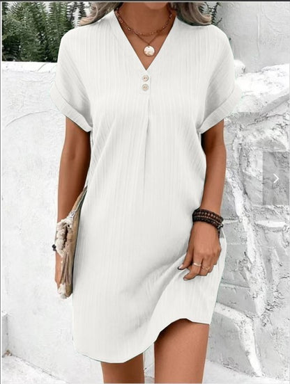 Women's V-neck Dress, Short-Sleeve, Casual, Solid Color, Button-Down