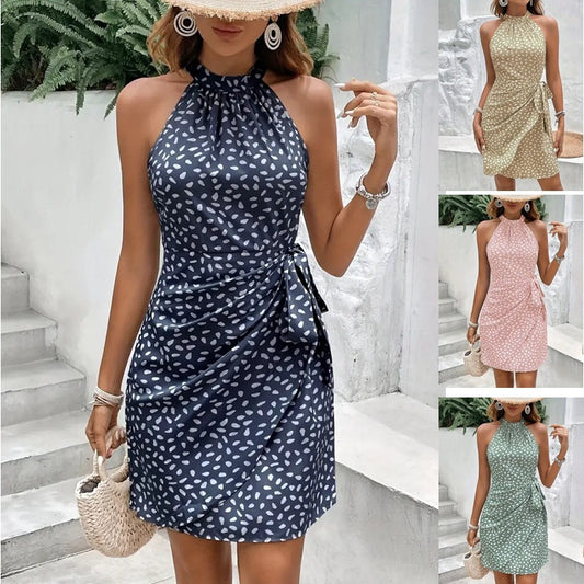 Shivering Dots Halter Dress: Summer Chic with Tied-Waist Design