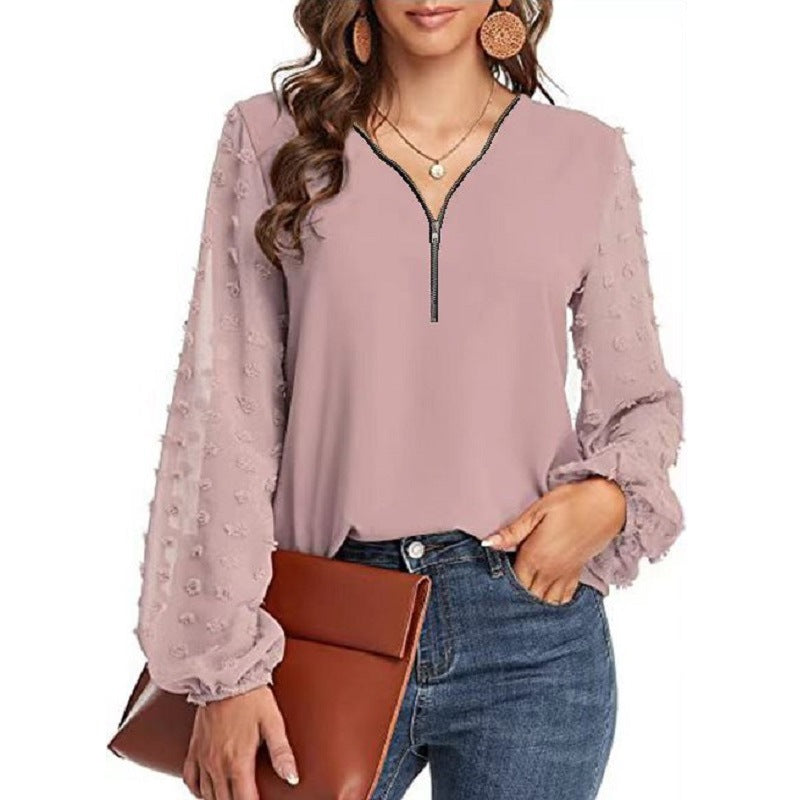 Women's V-neck Chiffon Shirt With Long Sleeve Stitching