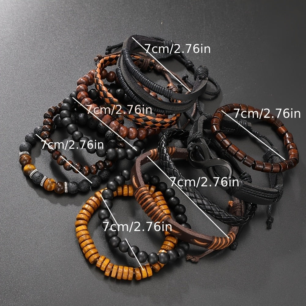 12-piece Vintage Men's Bracelet Set - Woven Leather, Tiger's Eye And Moonstone Beads, Synthetic Rope, Stylish Jewelry For Casual And Party Wear