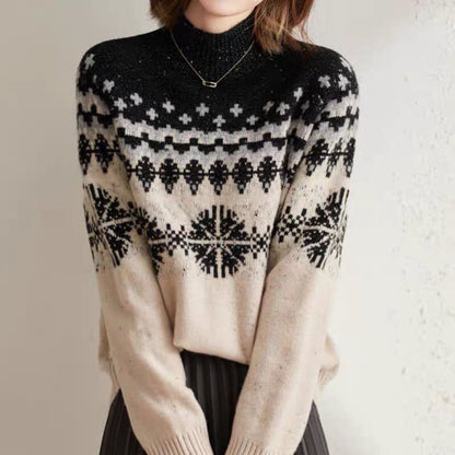 Half Turtleneck Knitted Snowflake Retro Loose Sweater