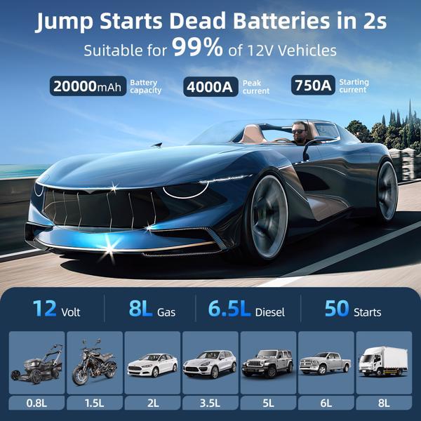 BIZEWO Car Jump Starter Battery Pack, 4000A Peak Car Battery Starter, Portable, For Up To 8.0L Gasoline Or 6.5L Diesel Engine,