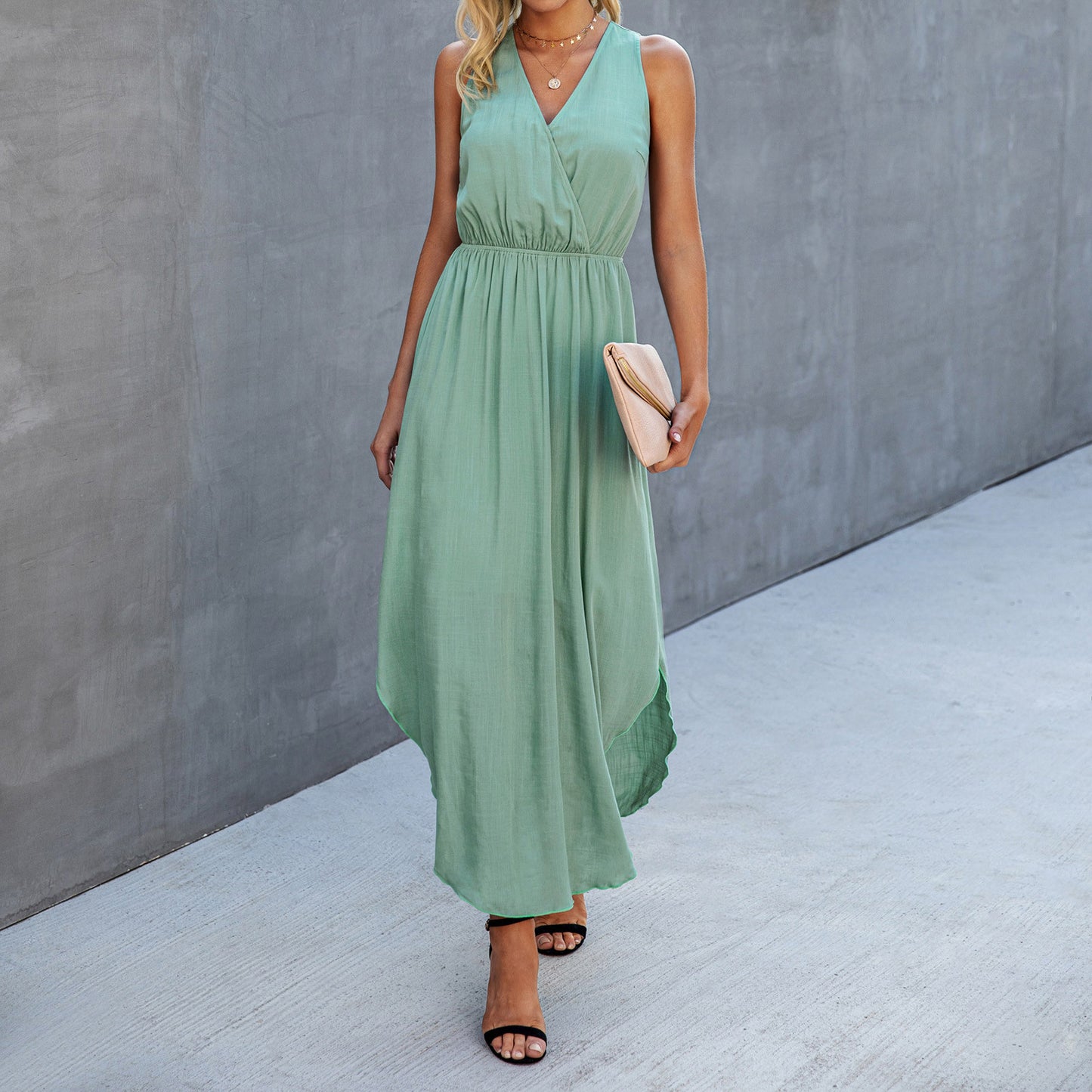 Fashion Solid Color V-neck Sleeveless Curved Skirt Female Dress