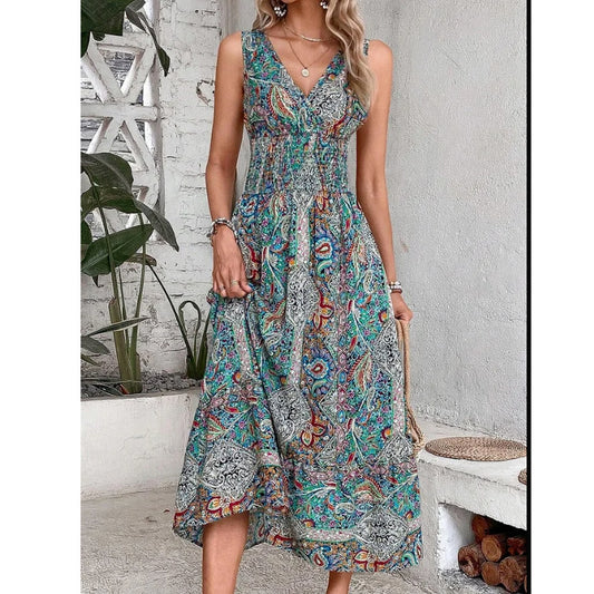 Women High Waist Sleeveless Bohemian Dress