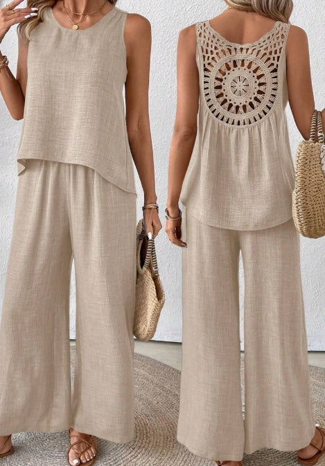 Solid Tank Top & Wide Leg Pants For Summer Vacation