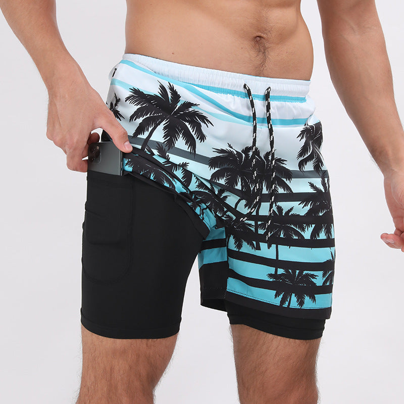 Pantalones cortos de playa con estampado degradado Pantalones cortos deportivos casuales de doble capa