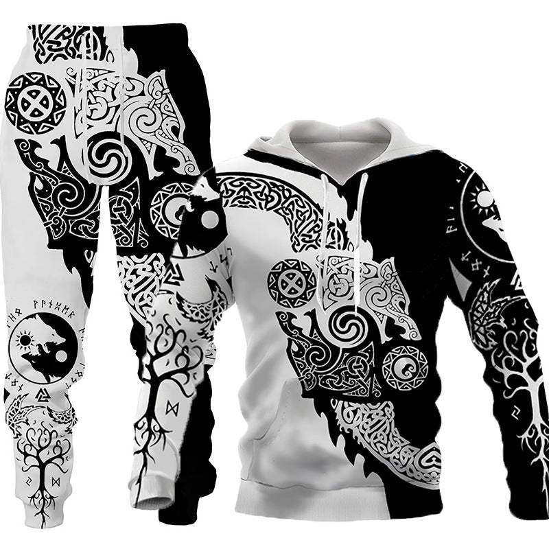 Wolf Print Hooded Tracksuit - Men's Outdoor Fitness Set