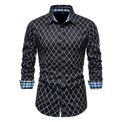 New Fashion Contrast Color Men's Long-sleeved Diamond Check Button Shirt