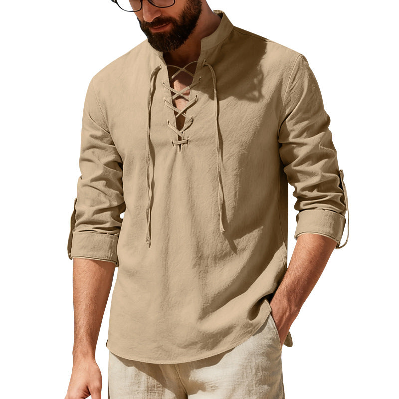 Mens Casual Long-sleeve Linen Henley Shirt