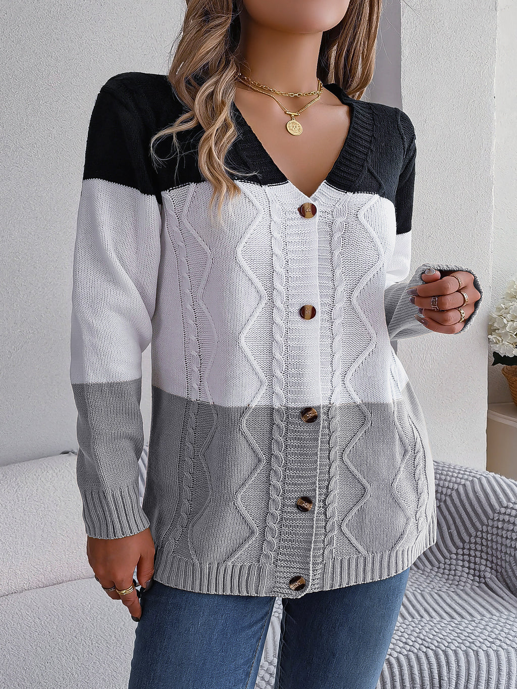 Casual Contrast Color Button Long Sleeve Sweater