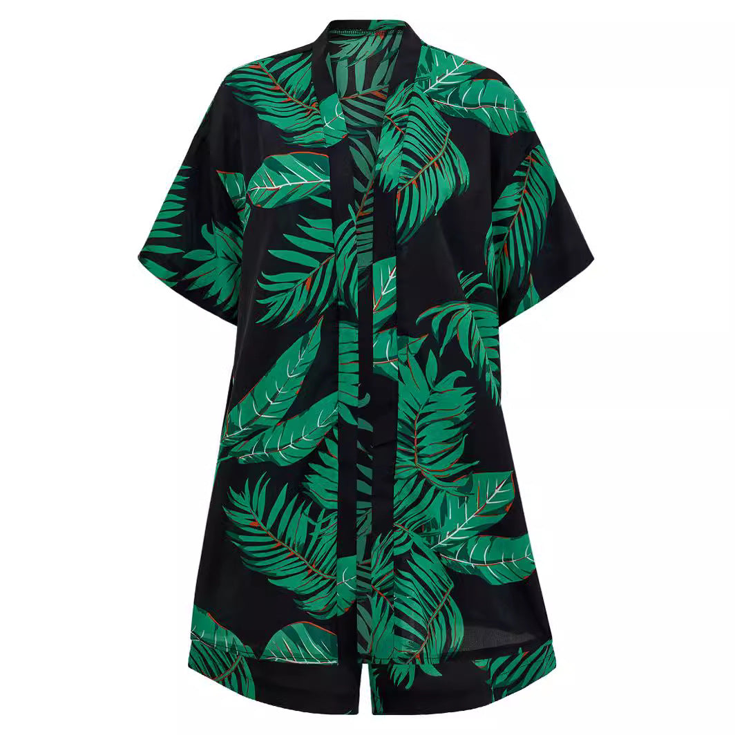 Summer Leaf Print 2-Piece Set: Stylish Shirt and Shorts Combo for Women