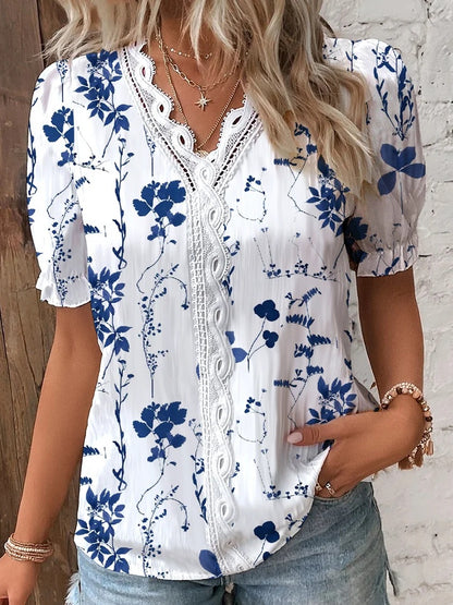 V-neck Lace Stitching Printing Shirt For Women