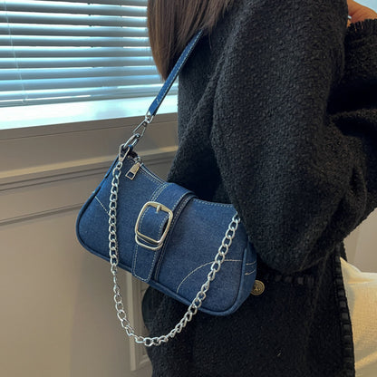 "Chic Denim Crossbody Armpit Bag with Fashionable Chains