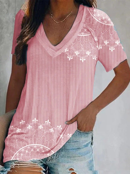 Women's Summer Casual Color Loose Sports Style 3D Printed Short Sleeve V-neck T-shirt