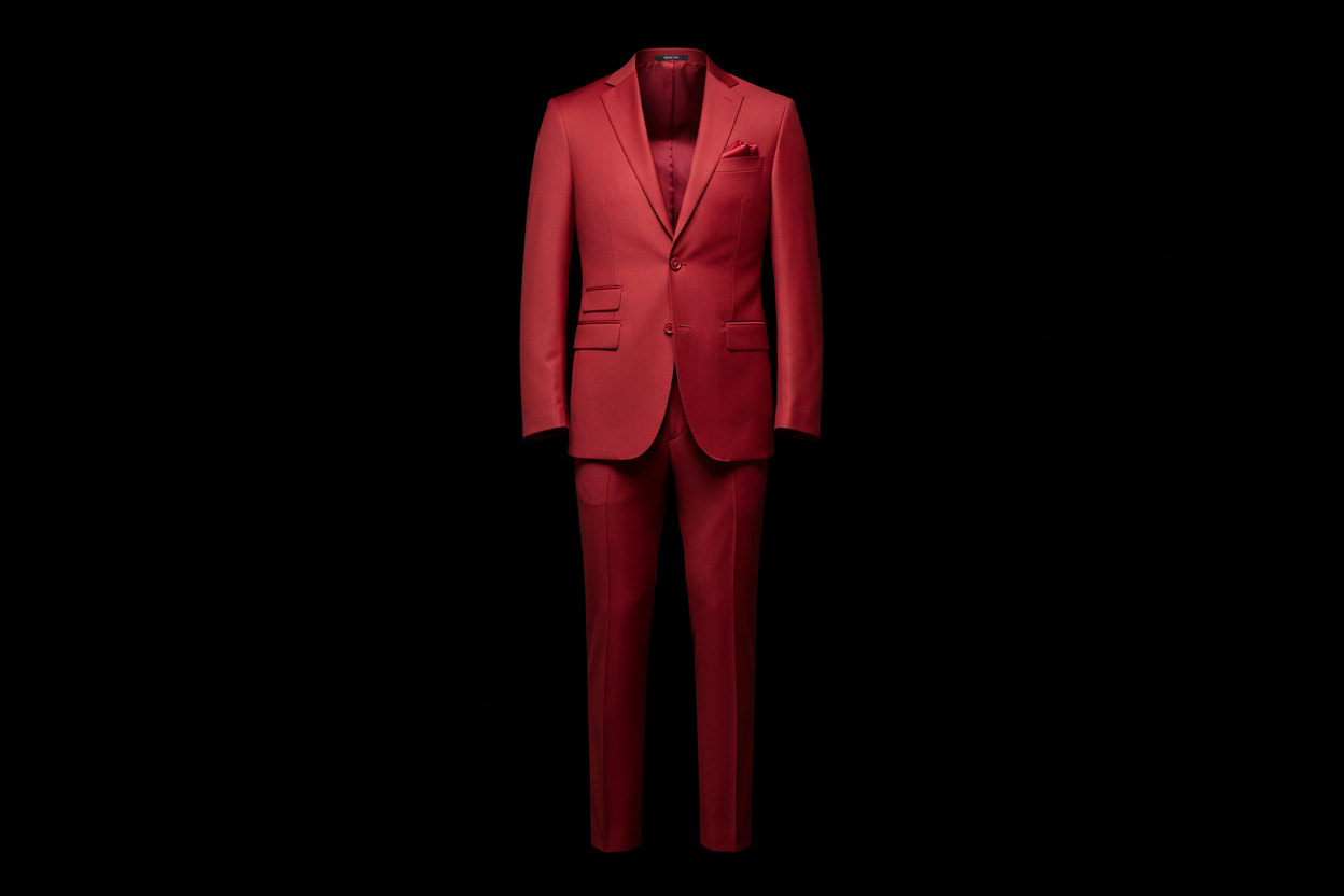 bright red men suit  on a black background. only the suit