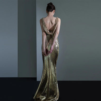 Elegant Sequins Backless Fishtail Evening Dress For Women