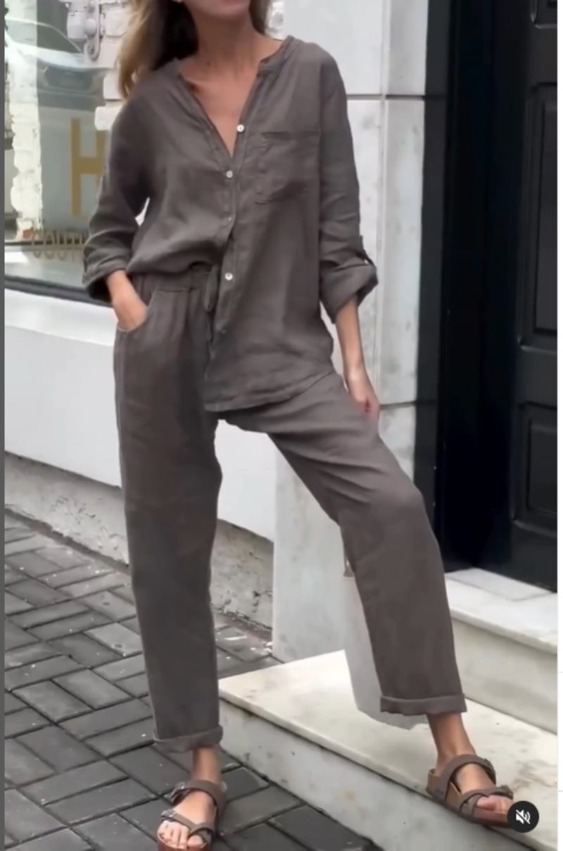 Ladies Cotton And Linen Shirt Outfit High Waist Loose Trousers