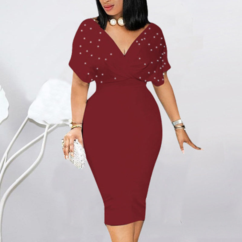 Women's Elegant Deep V Neck Wrap Bodycon Dress Back Zipper Pencil Midi Dress