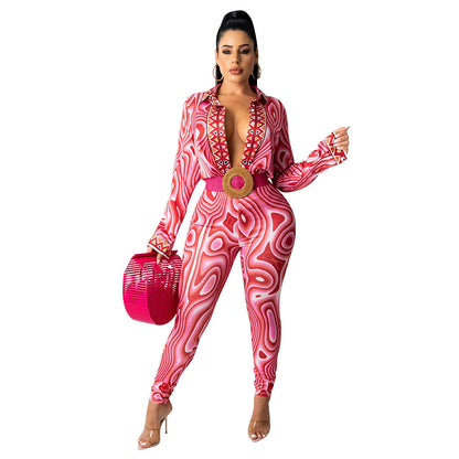 Women  Print Long Sleeve Tight Casual Suit