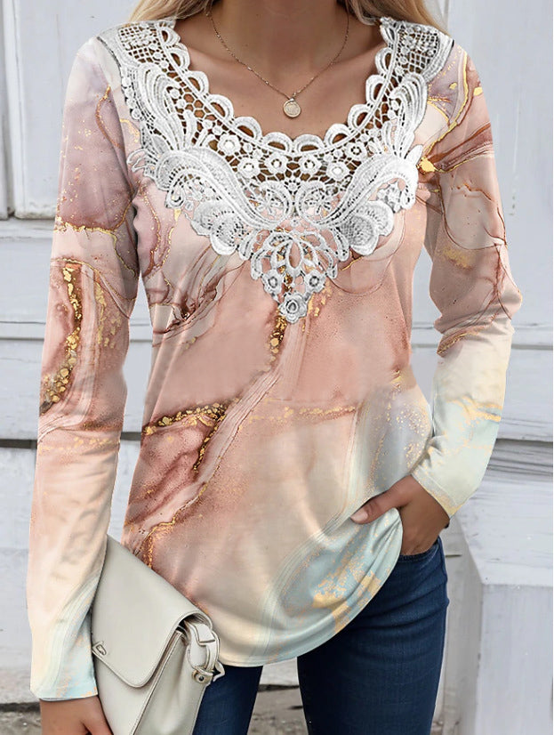 Women's Printed Long-sleeved T-shirt Patchwork Round Neck Top