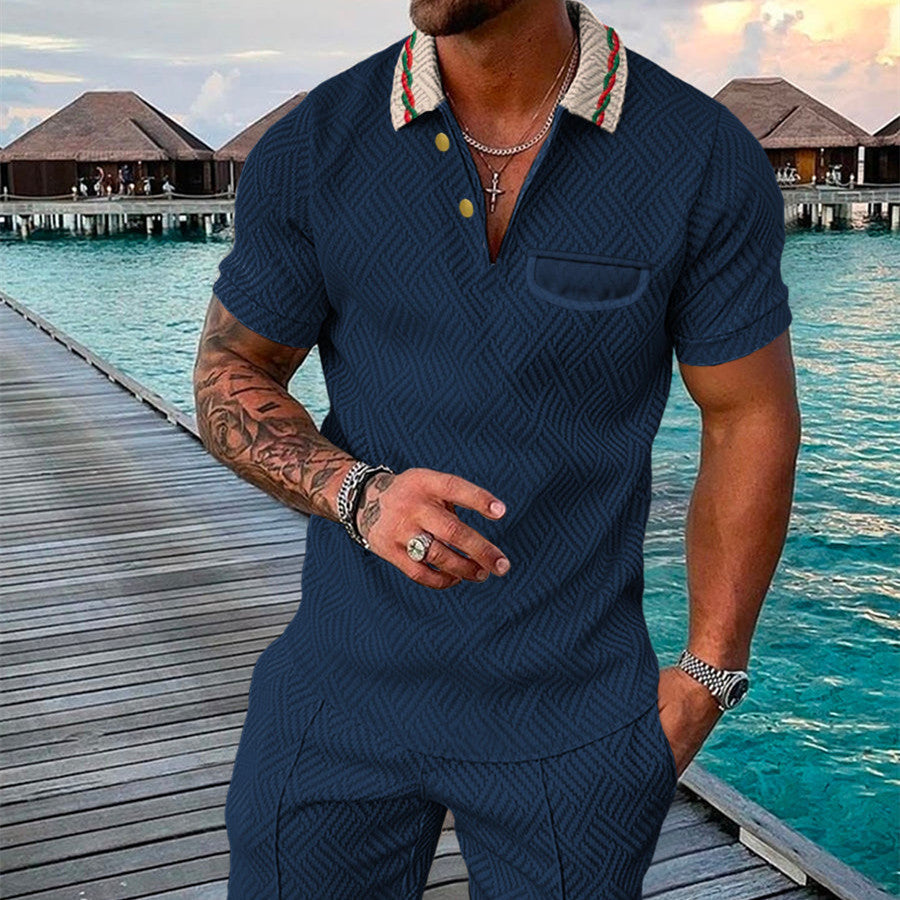 Men's Summer Fashion 3D Printed Short Sleeve Geometric Zip Lapel Shirt Set