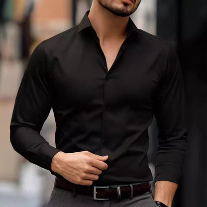 Long Sleeve Casual Business Lapel Shirt Solid Color