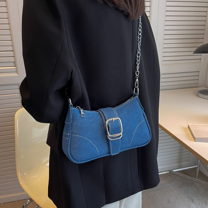 "Chic Denim Crossbody Armpit Bag with Fashionable Chains