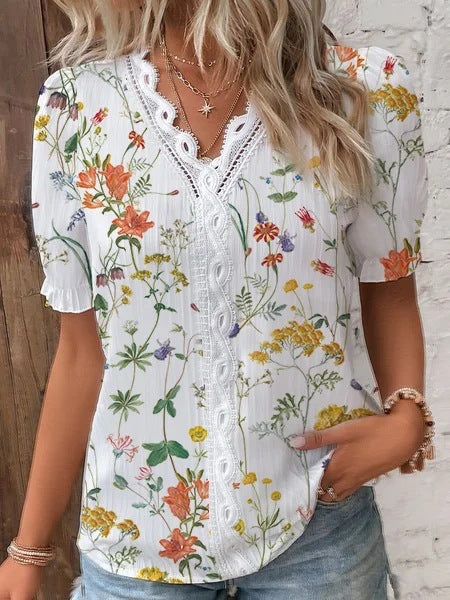 V-neck Lace Stitching Printing Shirt For Women