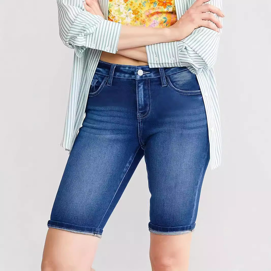 Women's Slim Fit All-match Embossed Button Denim Shorts