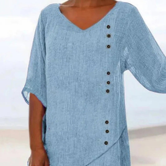 Blue Cotton Linen V-neck Half Sleeve Shirt