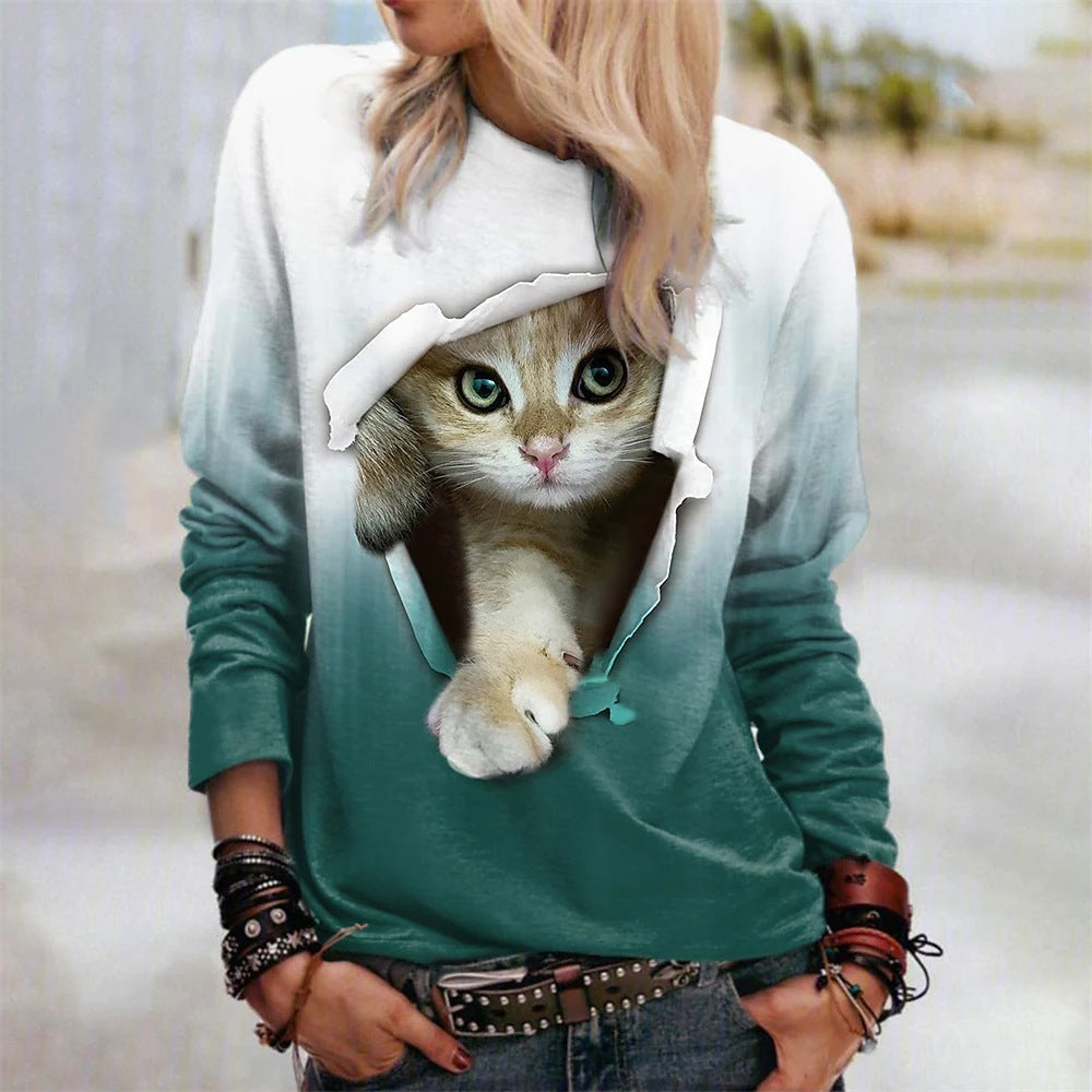 Cozy Mid-calf Sweatshirt with Gradient Cat Print, Long-sleeved