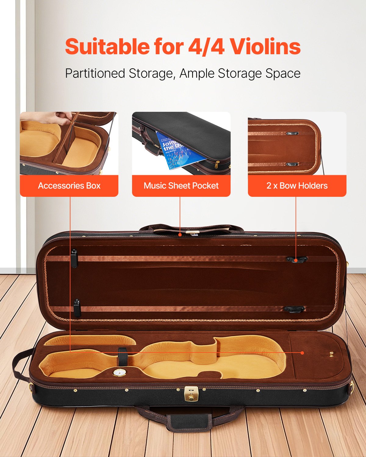 4/4 Full Size Violin Case, Built-in Hygrometer, Lightweight Portable Travel Carrying Bag, With Plush Lining, Shoulder Straps, Anti-Scratch, Professional Oblong Shape, For Violin, Black