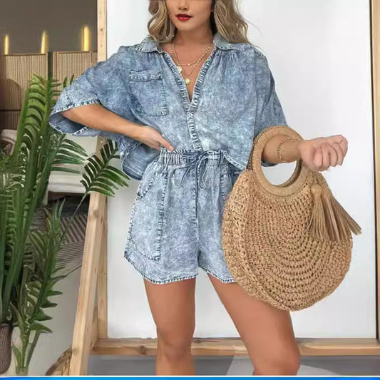 2pcs Loose Denim Suits Summer Casual Bat Sleeve Shirt And Drawstring Shorts With Pockets Women's Set