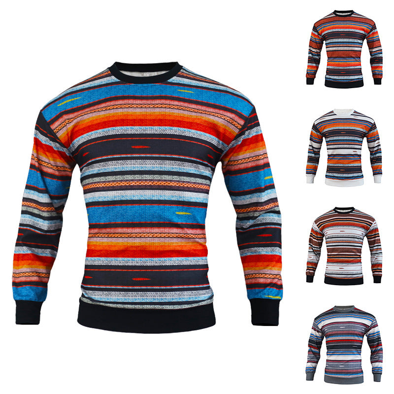 Men's Loose Round Neck Waffle Color Stripe Versatile Casual Bottomed Sweater