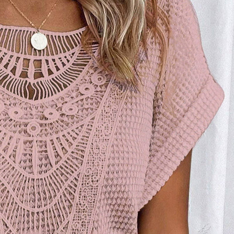 Women's Lace Splicing Short Sleeve Crew Neck T-Shirt Summer Loose Fit Casual Tee Top