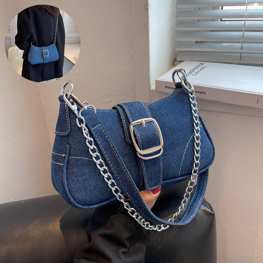 "Chic Denim Crossbody Armpit Bag with Fashionable Chains