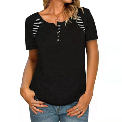 Womens Short Sleeve Printed Striped Casual TShirt Top